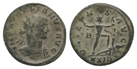 Aurelianus Antoninianus, struck 270 - 275 AD at Rome mint. Billon
Obv: IMP AVRELIANVS AVG, radiate and cuirassed bust right.
Rev: ORIENS AVG / XXIR ...