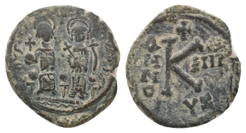 Justin II, with Sophia. AD. 565-578. Half Follis. Constantinople. AE. Weight: 7....