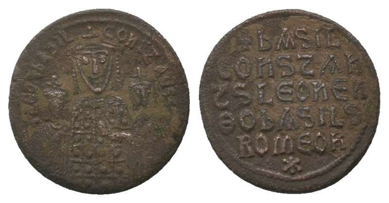 Basil I the Macedonian, with Constantine and Leo VI. AD. 867-886. Follis. Consta...