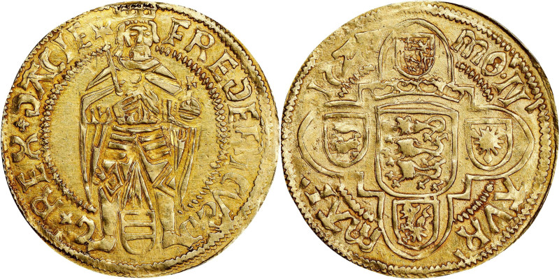 DENMARK. Goldgulden (Rhinsk Gulden), 1527. Malmö Mint. Frederik I. NGC AU Detail...