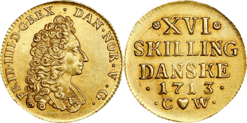 DENMARK. Gold 16 Skilling (2 Ducats), 1713. Copenhagen Mint; mm: Heart. Frederik...