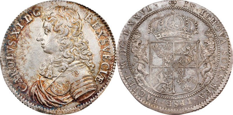 SWEDEN. Riksdaler, 1676. Stockholm Mint. Karl XI. NGC MS-63+.
KM-280; Dav-4538;...