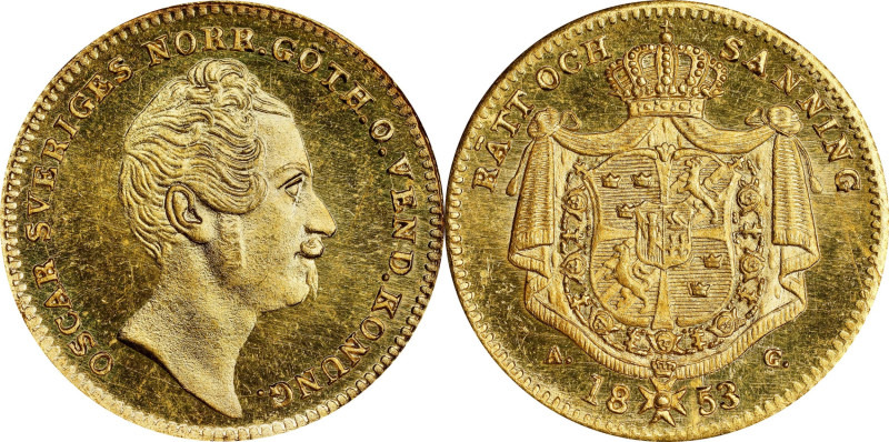 SWEDEN. Ducat, 1853. Stockholm Mint. Oscar I. NGC MS-67★.
Fr-90A; KM-668; SM-17...