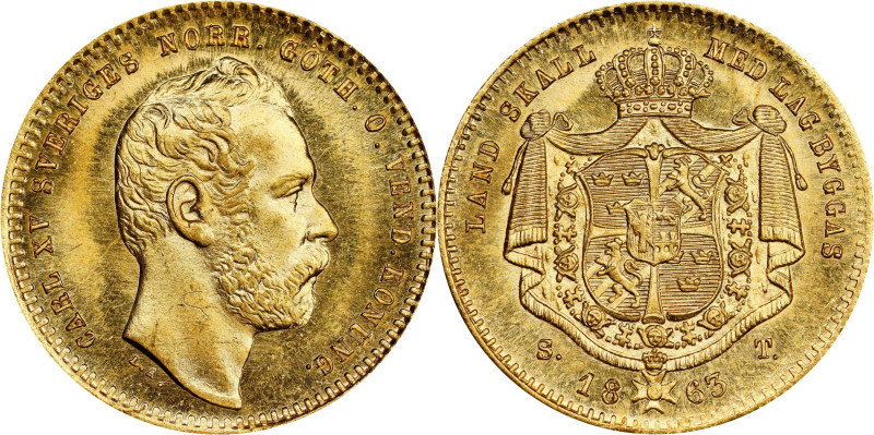 SWEDEN. Ducat, 1863. Stockholm Mint. Karl XV. NGC MS-67.
Fr-91; KM-709; SM-4(4)...