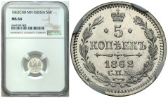 Russian Coins and Medals
RUSSIA / RUSSLAND / РОССИЯ / MOSCOW / PETERSBURG

Russia, Alexander II. 5 Kopek (kopeck) 1862 СПБ-МИ, St. Petersburg NGC M...