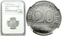 Poland II Republic - Circulation coins
Królestwo Polskie. 20 fenigów 1918 F, żelazo NGC MS62 

Piękny, menniczy egzemplarz. Wyraźne detale, połysk....