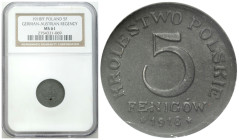 Poland II Republic - Circulation coins
Królestwo Polskie, 5 fenigów 1918 NGC MS61 

Bardzo ładna moneta, równomierna kolorystyka, w lekkiej patynie...