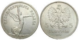 Poland II Republic - Circulation coins
II RP. 5 zlotych 1928 Nike (bez znaku mennicy) 

Bardzo ładnie zachowane detale monety. Resztki połysku menn...