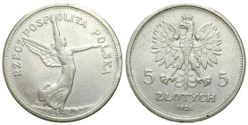 Poland II Republic - Circulation coins
II RP. 5 zlotych 1928 Nike ze znakiem mennicy 

Naturalna, obiegowa sztuka.

Details: 17,94 g Ag 
Conditi...