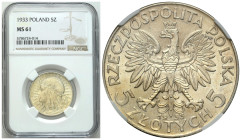 Poland II Republic - Circulation coins
II RP. 5 zlotych 1933 głowa kobiety NGC MS61 

Pięknie zachowany egzemplarz z notą MS 61.

Details: Ag 
C...