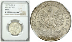 Poland II Republic - Circulation coins
II RP. 5 zlotych 1934 głowa kobiety NGC MS61 

Piękny, menniczy egzemplarz. Wspaniale zachowane detale.Delik...