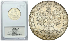 Poland II Republic - Circulation coins
II RP. 5 zlotych 1936 Żaglowiec 

Bardzo ładnie zachowane, złotawa patyna.&nbsp;Moneta w slabie GCN z notą M...