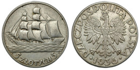 Poland II Republic - Circulation coins
II RP. 5 zlotych 1936 Żaglowiec 

Obiegowy egzemplarz.&nbsp;

Details: 10,93 g Ag 
Condition: 3 (VF) 
Li...