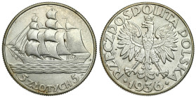 Poland II Republic - Circulation coins
II RP. 5 zlotych 1936 żaglowiec 

Resztki połysku menniczego.

Details: 11 g Ag 
Condition: 3+ (VF+) 
Li...