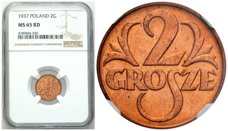 Poland II Republic - Circulation coins
II RP. 2 grosze 1937 NGC MS65 RD – PIĘKN...