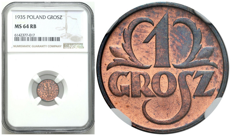 Poland II Republic - Circulation coins
II RP. 1 grosz 1935 NGC MS64 RB - PIĘKNE...