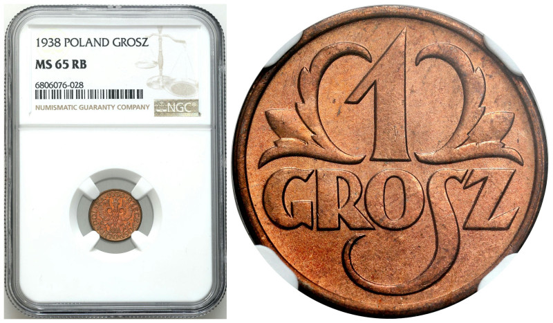 Poland II Republic - Circulation coins
II RP. 1 grosz 1938 NGC MS65 RB - PIĘKNE...