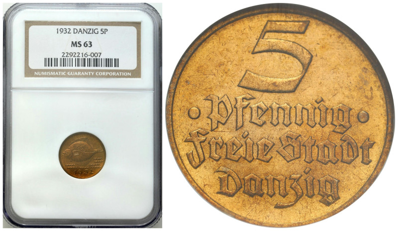 Danzig 
Free City of Danzig/Danzig. 5 Pfennig 1932 NGC MS63 

Pięknie zachowa...