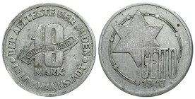 Ghetto Lodz (Litzmannstadt) 
Ghetto Lodz. 10 Marks 1943 Aluminum 

Wybity na grubym krążku.

Details: 3,52 g Al 
Condition: 3/3+ (VF/VF+) 
Lite...