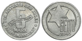 Ghetto Lodz (Litzmannstadt) 
d Ghetto. 5 Marks 1943, aluminum - BEAUTIFUL 

Obustronny blask menniczy. Pięknie zachowane.

Details: 1,57 g Al 
C...