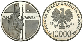 Polish coins of the PRL and collector coins from 1949-1989
PRL. 10.000 zł 1989 Jan Paweł II pastorał 

Rzadsza moneta papieska.Mikroryski, ślady li...