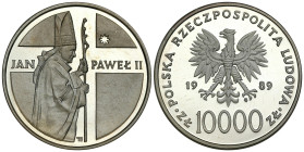 Polish coins of the PRL and collector coins from 1949-1989
PRL. 10.000 zł 1989 Jan Paweł II pastorał 

Rzadsza moneta papieska.Drobne ryski, ślady ...