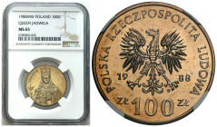 Polish coins of the PRL and collector coins from 1949-1989
PRL. 100 zlotych Królowa Jadwiga 1988 NGC MS65 

Wyśmienity egzemplarz w gradingu NGC a ...
