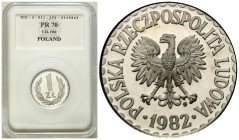 Polish coins of the PRL and collector coins from 1949-1989
PRL. 1 zloty 1982 aluminium - LUSTRZANKA 

Pięknie zachowane w slabie PCG z notą PR 70.&...