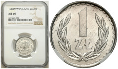 Polish coins of the PRL and collector coins from 1949-1989
PRL. 1 zloty 1983 aluminium NGC MS66 - PIĘKNE 

Idealnie zachowana moneta.

Details: A...