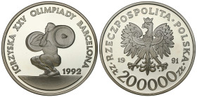 Polish circulation and collector coins after 1990
III RP. 200.000 zlotych 1991, Igrzyska XXV - Barcelona 1992 - ciężary 

Piękny, menniczy egzempla...