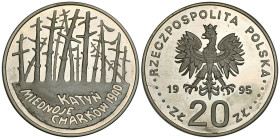 Polish circulation and collector coins after 1990
III RP. 20 zlotych 1995 Katyń Miednoje Charków 

Ślady linii papilarnych, patyna.

Details: 31,...