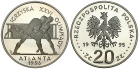 Polish circulation and collector coins after 1990
III RP. 20 zlotych 1995 Atlanta 

Kilka plamek na lustrze.

Details: 31,1 g Ag 925 
Condition:...