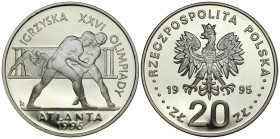Polish circulation and collector coins after 1990
III RP. 20 zlotych 1995 Atlanta 

Kilka plamek na lustrze.

Details: 31,1 g Ag 925 
Condition:...