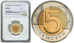 Polish circulation and collector coins after 1990
III RP. 5 zlotych 1996 NGC MS65 – RZADSZY ROCZNIK - PIĘKNY 

Rzadszy wczesny rocznik obiegowej mo...