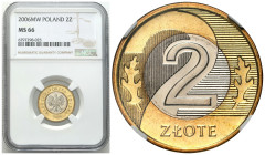 Polish circulation and collector coins after 1990
III RP. 2 zlote 2006 NGC MS66 (2 MAX) – WYŚMIENITE 

Pięknie zachowany egzemplarz, obustronny bla...