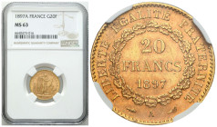 France
France. 20 francs 1897 A, Paris NGC MS63 - BEAUTIFUL 
Details: Au 
Condition: NGC MS63 (NGC MS63) 
Literature: NGC MS63