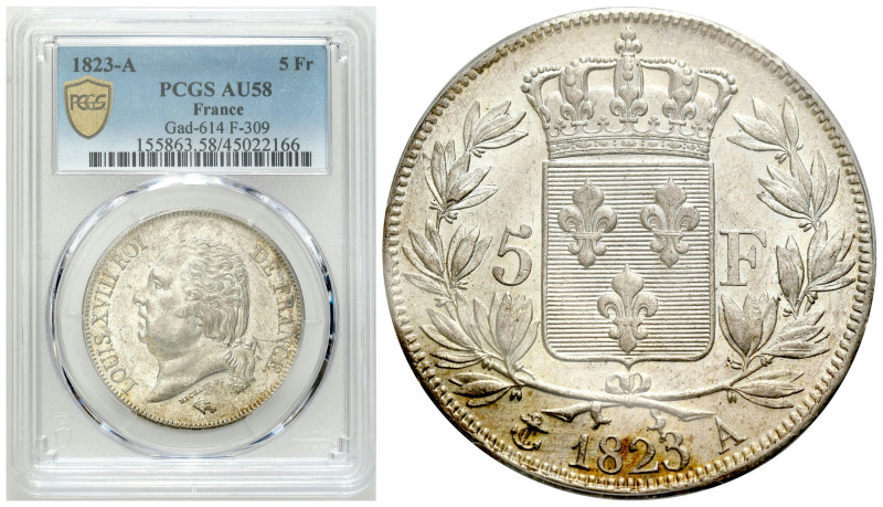 France
France. 5 francs 1823 A, Paris PCGS AU58 

&nbsp;Bardzo ładnie zachowa...