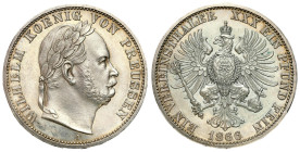 Germany
Germany, Prussia. Wilhelm I (1861-1888). Thaler (Vereinstaler) 1866 A, Berlin 

Rzadszy typ monety.Bardzo ładnie zachowany.

Details: 18,...