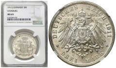 Germany
Germany. 3 Marks 1911 J, Hamburg NGC MS65 - BEAUTIFUL 

Pięknie zachowane co zostało docenione przez firmę NGC notą MS 65.

Details: Ag ...