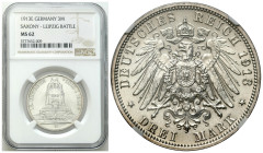 Germany
Germany, Saxony. 3 marks 1913 E, Muldenhtten NGC MS62 NICE 

Moneta wybita na 100 rocznicę zwycięstwa pod Lipskiem.Menniczy egzemplarz.

...