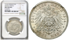 Germany
Germany, Anhalt-Dessau. Frederick II (19041918), 3 marks 1914 A, Berlin NGC UNC 

Egzemplarz w slabie NGC z notą UNC DETAILS.

Details: A...