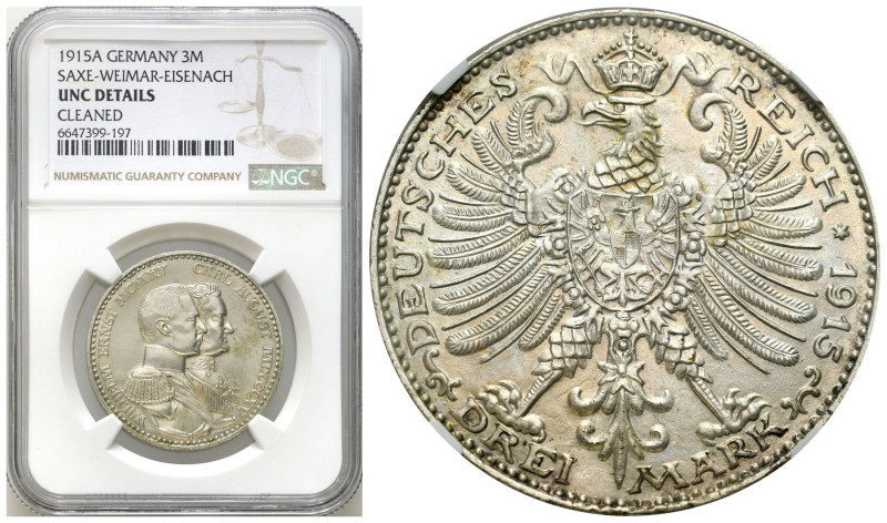 Germany
Germany, Saxony-Weimar-Eisenach. 3 marks 1915 A, Berlin NGC UNC 

Egz...