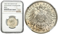 Germany
Germany. Schwarzburg-Sondershausen, 2 marks 1905 A, Berlin NGC MS61 

Schwarzburg-Sondershausen - Karol Günther (1880–1909)Rzadka dwumarków...