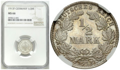 Germany
Germany. Wilhelm II. 1/2 mark 1913 F - NGC MS66 BEAUTIFUL 

Selekcjonowany, menniczy egzemplarz.Mennica Stuttgart.

Condition: NGC MS66 (...