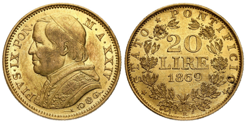 Italy and the Vatican
Italy, Vatican. Pius IX (1846-1878). 20 lire 1869/XXIV R,...