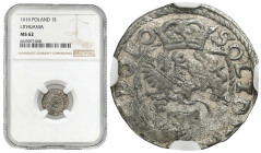 Sigismund III Vasa 
POLSKA / POLAND / POLEN / POLOGNE / POLSKO

Zygmunt III Waza. Szeląg 1616, Wschowa NGC MS62 (MAX) - RARE 

Wariant z literą F...