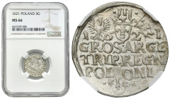 Sigismund III Vasa 
POLSKA / POLAND / POLEN / POLOGNE / POLSKO

Zygmunt III Waza. Trojak (3 Groschen - Grosze ) 1621, Krakow / Cracow NGC MS66 (MAX...