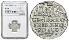 Sigismund III Vasa 
POLSKA / POLAND / POLEN / POLOGNE / POLSKO

Zygmunt III Waza. Trojak (3 Groschen - Grosze ) 1624, Krakow / Cracow NGC MS66 (MAX...