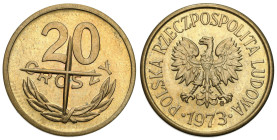 PROBE coins Poland after 1945
POLSKA / POLAND / POLEN / II RP / PROBA / PATTERN

PRL. PROBE / PATTERN brass 20 groszy 1973 CANCELLED STAMP - VERY R...