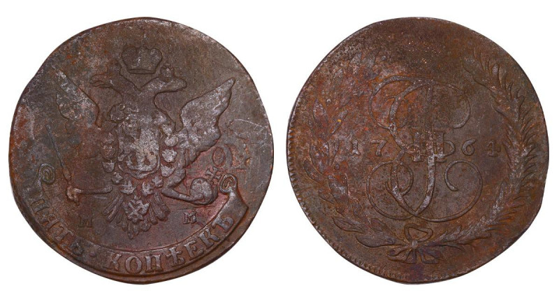 Russian Empire, Empress Catherine II (1762-1796), 5 kopecks, 1764 year, Copper, ...